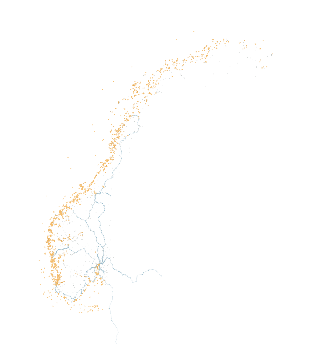 Norges form tegnet av virkelige kaier, stasjoner, veikameraer, jernbane og båter, uten bakgrunnskart.